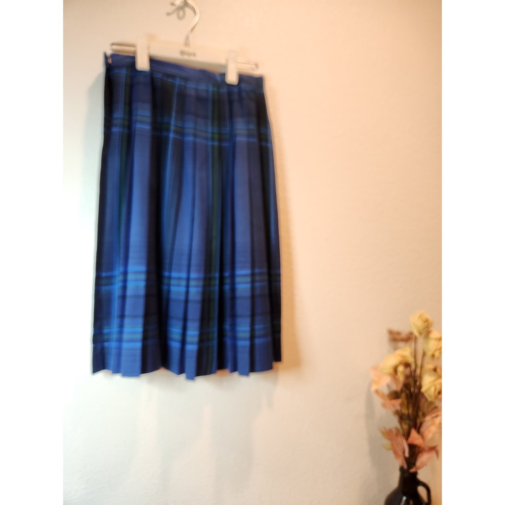 Vintage Evan-Picone Petites Wool Plaid Pleated Skirt Blue Green Tartan waist 26